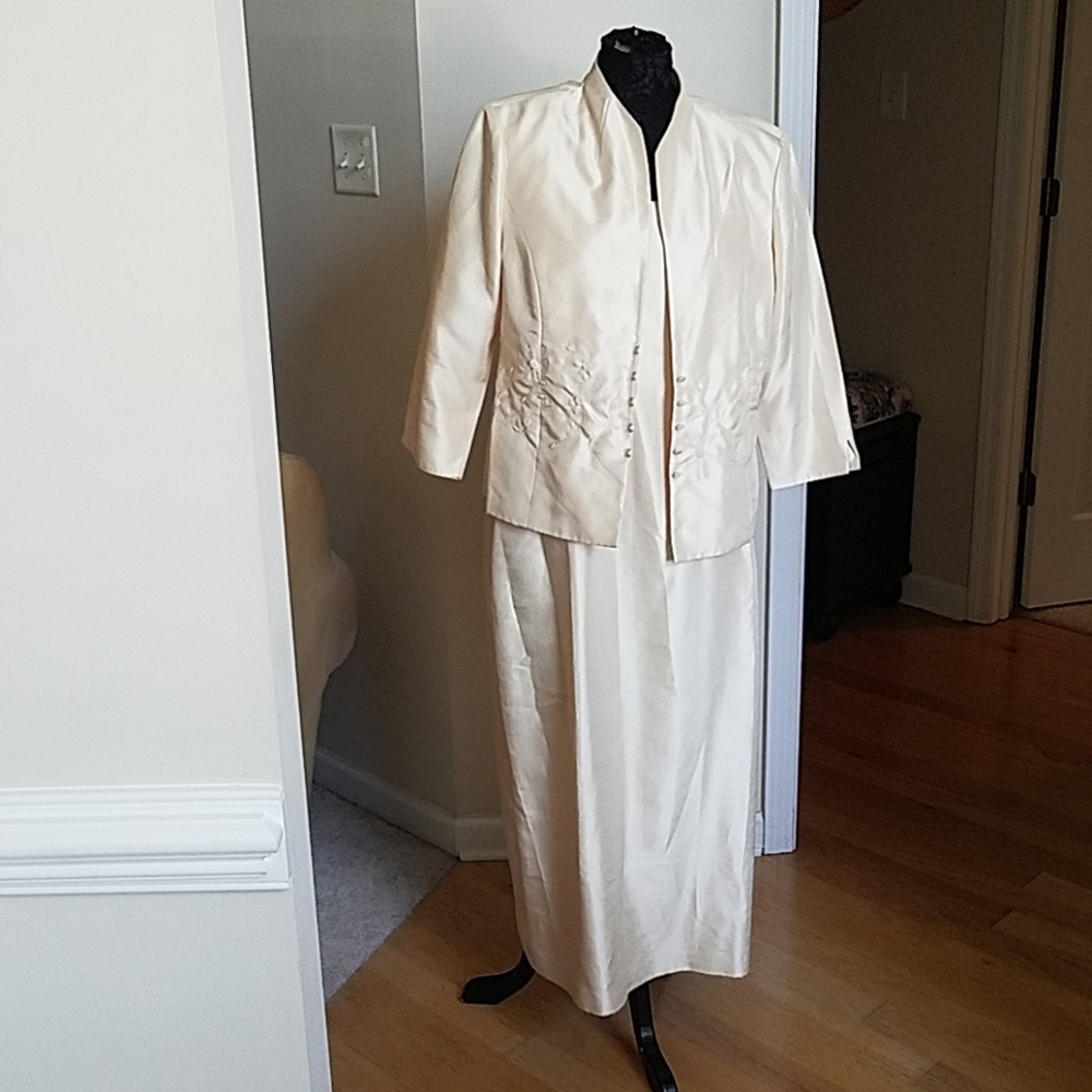 2 pcs beige jacket w/faux pearls and dress.